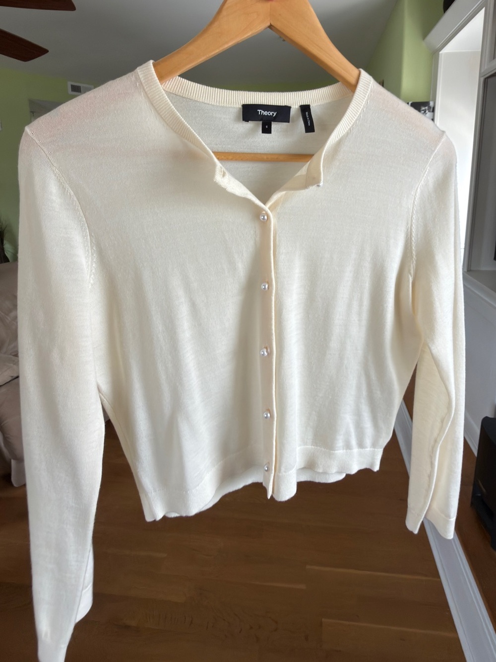 Theory Merino Cream Button-Up Crewneck Cardigan Size S - Picture 7 of 8